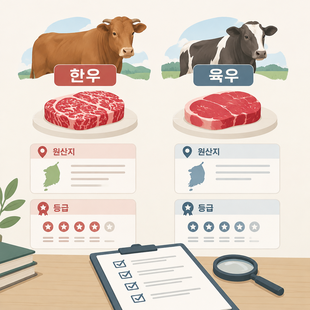 AI 생성 설명 이미지: 안산일동한우 유니드정육식당 | 한우와 육우 표기를 구분해 읽는 체크리스트
